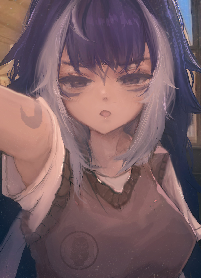 1girl absurdres animal_ears black_hair body_markings grey_shirt highres indie_virtual_youtuber long_hair looking_at_viewer multicolored_hair open_mouth purple_eyes shirt shylily sidelocks solo streaked_hair taku_artworks very_long_hair virtual_youtuber white_hair white_shirt