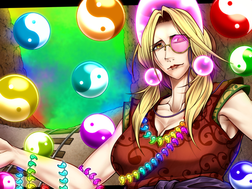 1girl blonde_hair breasts cleavage closed_mouth collarbone commentary_request expressionless hair_over_shoulder jewelry large_breasts lips long_hair looking_at_viewer low_twintails magatama magatama_necklace monocle necklace orb parted_bangs patterned_clothing pink-tinted_eyewear railroad_tracks rainbow_order red_shirt ryuuichi_(f_dragon) shirt sleeveless sleeveless_shirt solo tamatsukuri_misumaru tinted_eyewear touhou twintails upper_body yellow-framed_eyewear yellow_eyes yin_yang yin_yang_orb