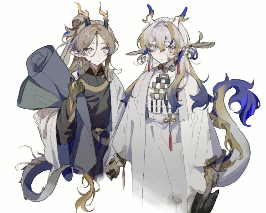 1boy 1girl arknights black_shirt black_skin blonde_hair blue_hair closed_mouth coat colored_skin cowboy_shot dirty dirty_clothes dragon_horns dragon_tail earrings hair_ornament hair_stick hand_up highres holding holding_scroll holding_shovel horns jewelry long_hair looking_at_viewer moomsaw multicolored_hair pants scroll shirt shovel shu_(arknights) smile streaked_hair tail tassel tassel_earrings very_long_hair white_coat white_hair white_pants yellow_skin zhi_(arknights)