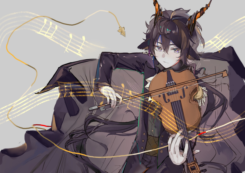 1boy absurdres animal_ears arknights beamed_eighth_notes black_cape black_hair black_horns black_jacket bow_(music) buttons cape chinese_commentary closed_mouth commentary_request ebenholz_(arknights) expressionless fingernails goat_ears grey_background hair_between_eyes highres holding holding_bow_(music) holding_instrument holding_violin horns instrument jacket long_hair long_sleeves looking_at_viewer male_focus music musical_note open_clothes open_jacket orange_horns playing_instrument ponytail purple_eyes quarter_note solo staff_(music) upper_body violin weaver_(zhi_yuan)