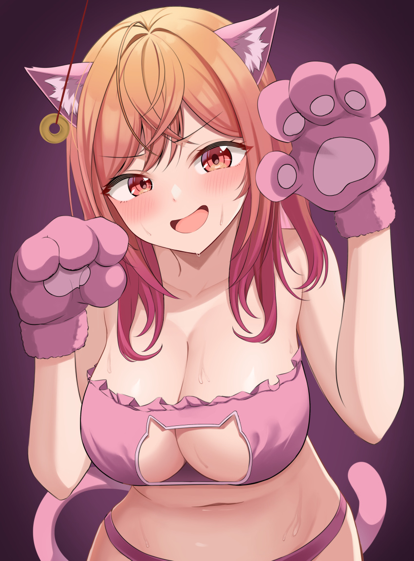 1girl 9696k absurdres animal_ears blush breasts brown_eyes brown_hair cat_cutout cat_ears cat_lingerie cat_tail cleavage clothing_cutout coin coin_on_string collarbone fake_animal_ears highres hololive ichijou_ririka large_breasts long_hair looking_at_viewer meme_attire navel open_mouth red_hair smile solo sweat tail upper_body