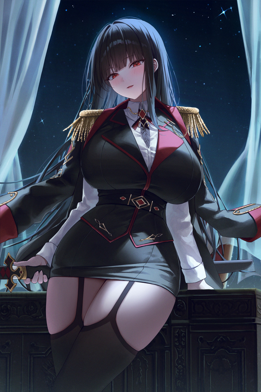 1girl absurdres ame_816 black_coat black_garter_straps black_hair black_skirt black_thighhighs breasts character_request coat coat_on_shoulders collared_shirt copyright_request curtains epaulettes garter_straps highres huge_breasts indoors leaning_on_object long_hair long_sleeves military_uniform night night_sky open_mouth red_eyes shirt skindentation skirt sky smile solo straight_hair thighhighs uniform weapon weapon_on_back white_shirt