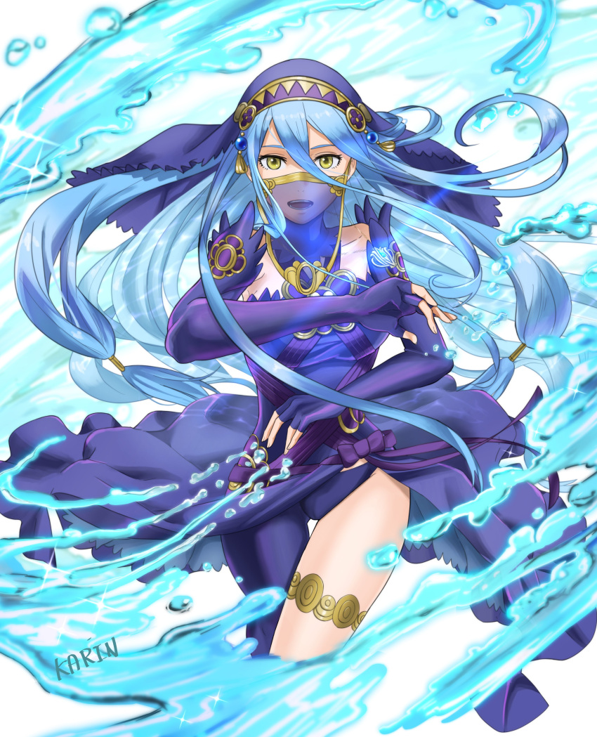 6nutqd2kwd0iqcl absurdres asymmetrical_legwear azura_(fire_emblem) blue_hair elbow_gloves fingerless_gloves fire_emblem fire_emblem_fates gloves hair_between_eyes headdress highres jewelry long_hair mouth_veil pendant single_leg_pantyhose solo uneven_legwear veil very_long_hair yellow_eyes