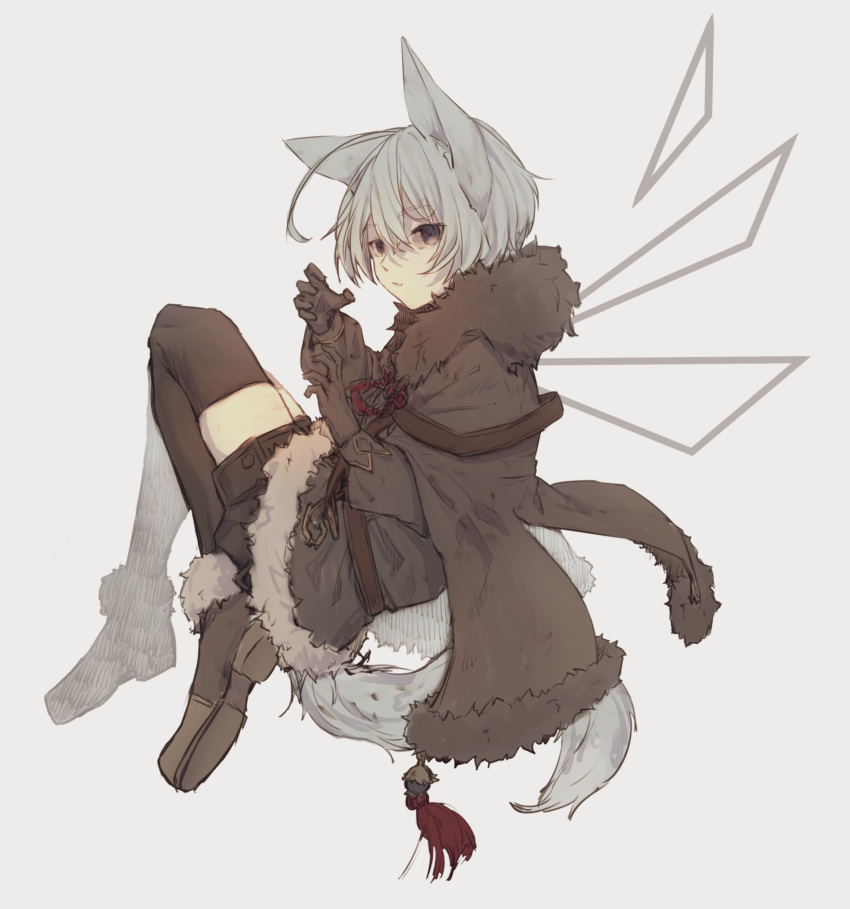 1girl ahoge animal_ears bangs boots borrowed_character brown_cape brown_footwear brown_gloves brown_jacket brown_legwear brown_shorts cape commentary_request floating from_behind full_body fur-trimmed_boots fur-trimmed_cape fur-trimmed_jacket fur_trim gloves grey_background grey_eyes highres jacket knees_up lack_sikio long_sleeves looking_at_viewer original parted_lips puffy_long_sleeves puffy_sleeves pumpkin_pants short_hair shorts solo tail thighhighs white_hair