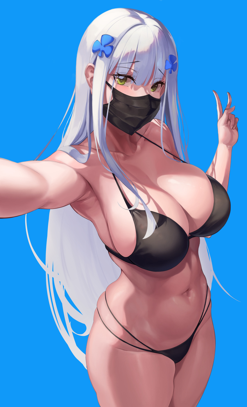 1girl absurdres bikini black_bikini black_mask blue_background blush breasts cleavage clover_hair_ornament collarbone cowboy girls'_frontline green_eyes hair_ornament hand_out_of_frame highres hk416_(girls'_frontline) large_breasts long_hair looking_at_viewer mask mouth_mask multi-strapped_bikini_bottom navel selfie simple_background sin-gen solo stomach swimsuit v white_hair