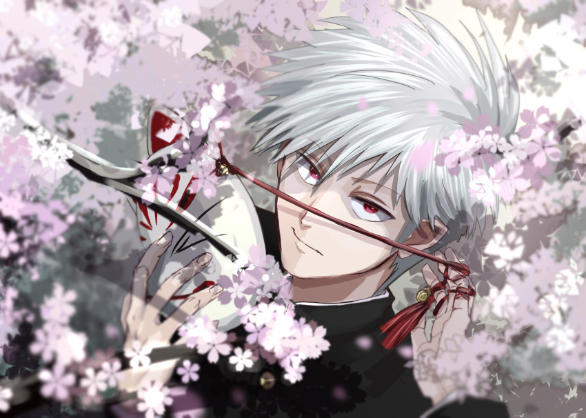 1boy absurdres akagi:_yami_ni_oritatta_tensai akagi_shigeru black_jacket cherry_blossoms closed_mouth commentary_request expressionless fox_mask fugusashi_(fgss2089) fukumoto_mahjong gakuran grey_hair highres holding holding_mask jacket looking_at_viewer male_focus mask medium_bangs red_eyes school_uniform short_hair solo upper_body