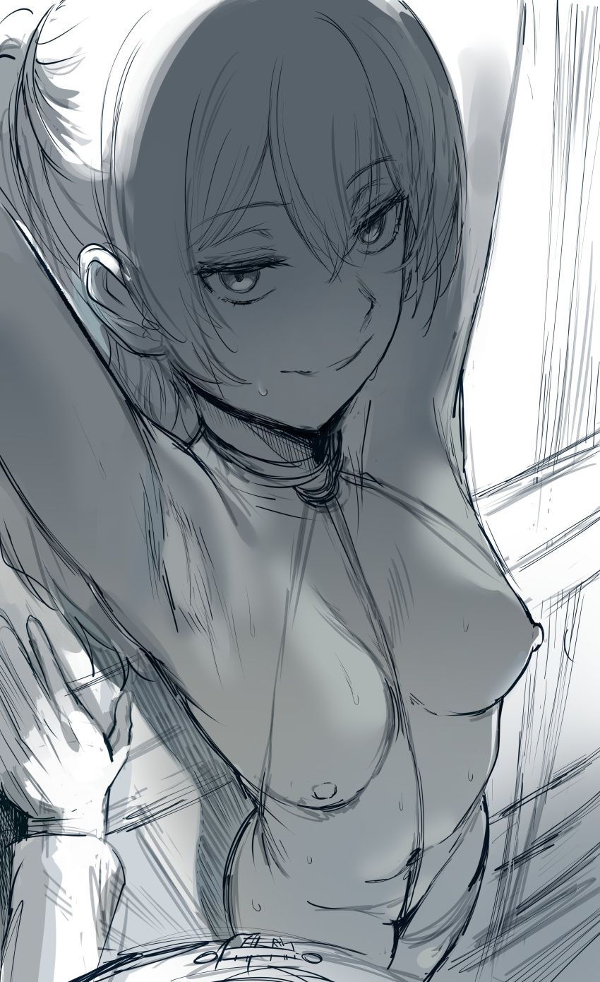 1boy 1girl absurdres armpits arms_up breasts hair_between_eyes hews highres land_(sousou_no_frieren) long_hair looking_at_viewer medium_breasts monochrome navel nipples pov sketch smile solo_focus sousou_no_frieren sweat ubel_(sousou_no_frieren) unfinished