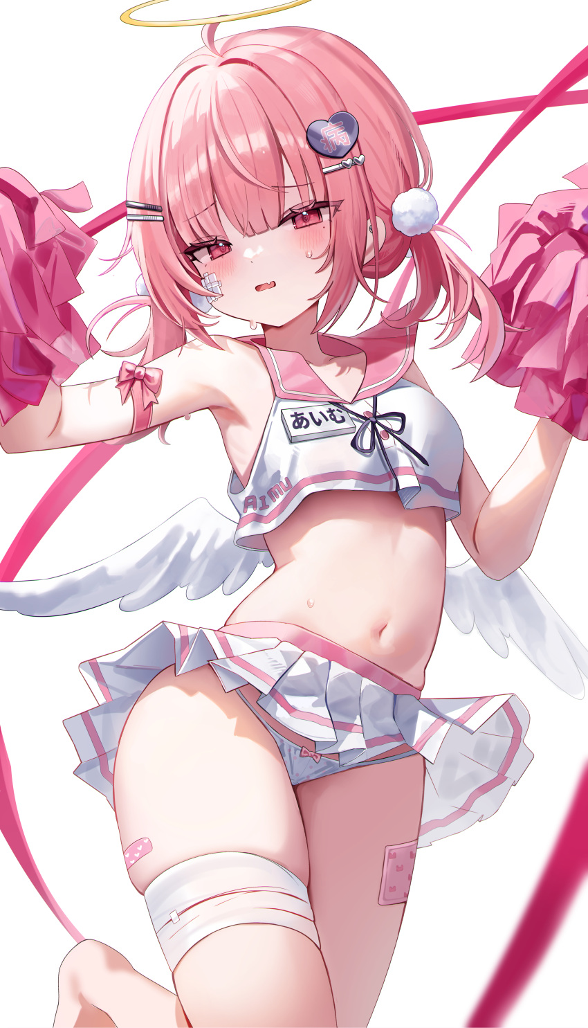 1girl @_@ absurdres angel_wings bandaged_leg bandages bandaid_on_thigh blush bow bow_panties breasts cheerleader commentary_request crop_top cropped_shirt fang hair_ornament hairclip halo hands_up heart heart_hair_ornament highres holding holding_pom_poms leg_up looking_at_viewer mini_wings miniskirt mole mole_under_eye navel open_mouth original panties pink_eyes pink_hair pink_sailor_collar pleated_skirt pom_pom_(cheerleading) pom_pom_(clothes) pom_pom_hair_ornament sailor_collar shirt sidelocks simple_background skin_fang skindentation skirt sleeveless sleeveless_shirt small_breasts solo standing standing_on_one_leg stomach sweat thighs underwear white_background white_panties white_wings whitebc wings