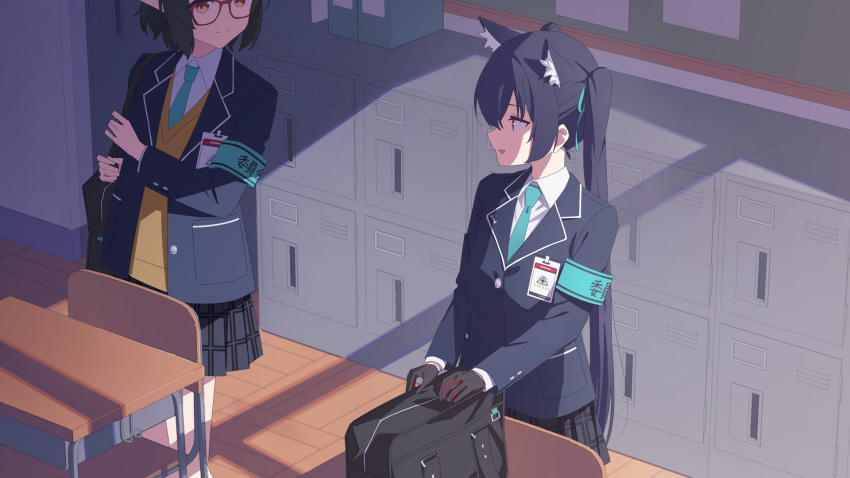 2girls animal_ear_fluff animal_ears armband ayane_(blue_archive) bag black_hair black_jacket blue_archive blue_armband blue_necktie blue_ribbon cardigan cat_ears classroom collared_shirt desk extra_ears hair_ribbon highres id_card indoors jacket long_hair looking_at_viewer mikan_battery multiple_girls necktie plaid plaid_skirt pleated_skirt pointy_ears ribbon school_bag school_desk school_uniform serika_(blue_archive) shadow shirt short_hair skirt smile twintails two-tone_gloves very_long_hair yellow_cardigan yellow_eyes