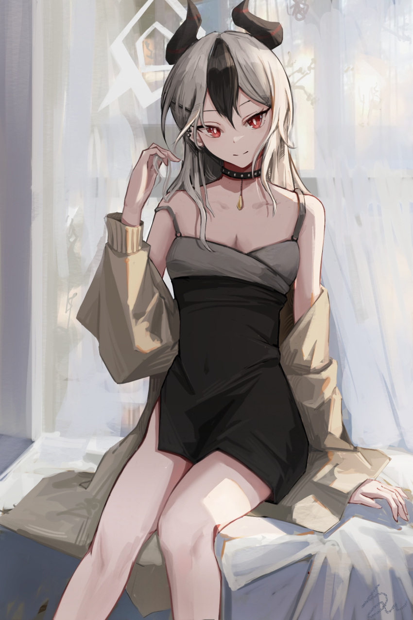 1girl ak11raa bare_shoulders black_dress black_hair blue_archive breasts brown_jacket cleavage closed_mouth collarbone commentary_request dress ear_piercing feet_out_of_frame grey_hair hair_between_eyes halo hand_up highres horns jacket kayoko_(blue_archive) kayoko_(dress)_(blue_archive) long_hair long_sleeves multicolored_hair off_shoulder open_clothes open_jacket piercing puffy_long_sleeves puffy_sleeves red_eyes sitting sleeveless sleeveless_dress small_breasts smile solo strap_slip two-tone_hair