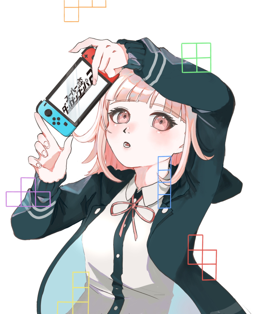 1girl :o absurdres arm_up black_shirt blunt_bangs blush danganronpa_(series) danganronpa_2:_goodbye_despair dress_shirt hand_up handheld_game_console highres holding holding_handheld_game_console jacket jiu_(rufc8248) long_sleeves lower_teeth_only nanami_chiaki neck_ribbon nintendo_switch open_clothes open_jacket pink_eyes pink_ribbon ribbon shirt solo teeth white_shirt