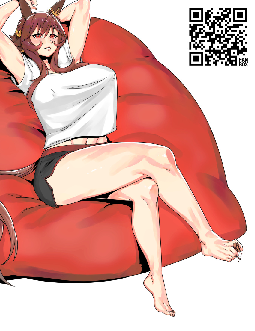 1girl absurdres alternate_costume animal_ears armpits arms_up barefoot bean_bag_chair black_shorts blush breasts brown_hair commentary_request crossed_legs dolphin_shorts ear_covers ear_ornament feet gentildonna_(umamusume) hair_between_eyes highres holding_with_feet horse_ears horse_girl horse_tail large_breasts legs looking_at_viewer minew muscular muscular_female navel qr_code red_eyes shirt short_hair short_sleeves shorts simple_background sitting smile solo tail umamusume walnut white_background white_shirt