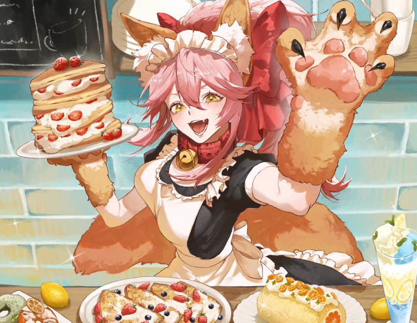 1girl animal_ear_fluff animal_ears animal_hands apron back_bow bell black_dress blueberry bow cat_paws chalkboard claw_pose collar cream cup dress drink drinking_glass english_commentary fang fate/grand_order fate_(series) food fox_ears fox_girl fox_tail frilled_apron frills fruit gloves hair_between_eyes hair_bow hands_up highres holding holding_plate indoors jingle_bell large_bow lemon lemon_slice long_hair looking_at_viewer maid maid_headdress neck_bell open_mouth paw_gloves pink_hair plate plate_stack ponytail puffy_short_sleeves puffy_sleeves red_bow shelf short_sleeves smile solo sparkle strawberry table tail tamamo_(fate) tamamo_cat_(fate) tamamo_cat_(second_ascension)_(fate) teeth white_apron white_bow yellow_eyes zuraa_(naunau_seijin)