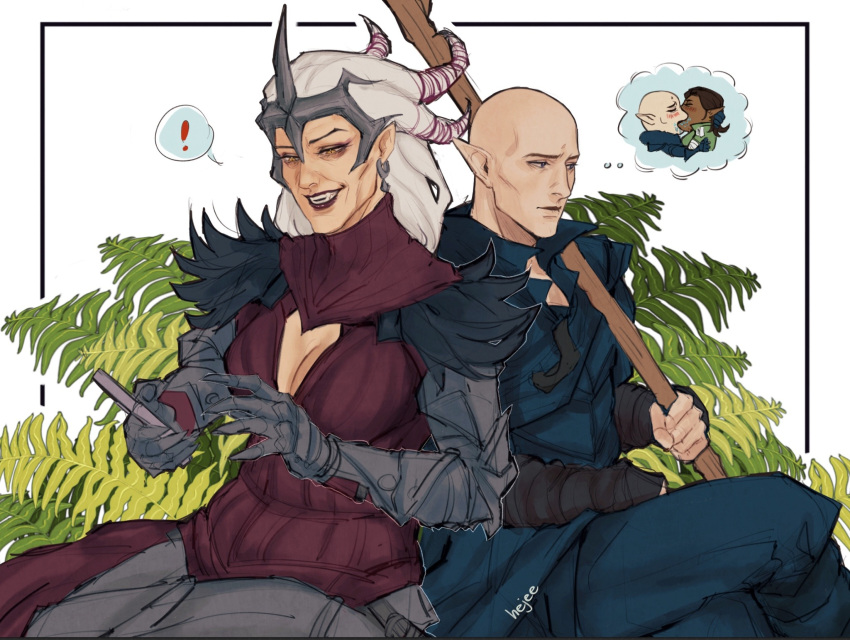 ! 1boy 2girls armor back-to-back bald dragon_age dragon_age:_inquisition earrings elf feet_out_of_frame fern flemeth headdress hejee highres image_in_thought_bubble imagining impossible_hair jewelry long_hair looking_down mature_male multiple_girls old old_woman pointy_ears purple_lips sharp_teeth simple_background sitting smile solas speech_bubble spoken_exclamation_mark teeth thought_bubble white_background white_hair wrinkled_skin