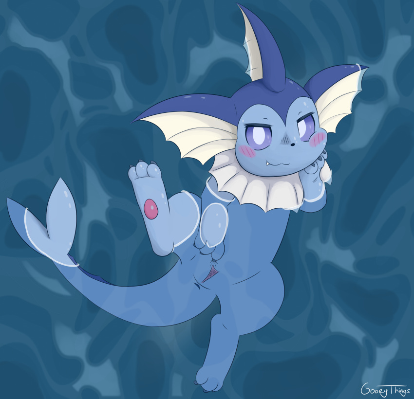 absurd_res anus blue_eyes blush blush_lines claws eeveelution female feral generation_1_pokemon genitals gooeythings hand_on_cheek hi_res looking_at_viewer nintendo partially_submerged pawpads paws pokemon pokemon_(species) pussy snaggle_tooth solo spread_pussy spreading swimming tail vaporeon water