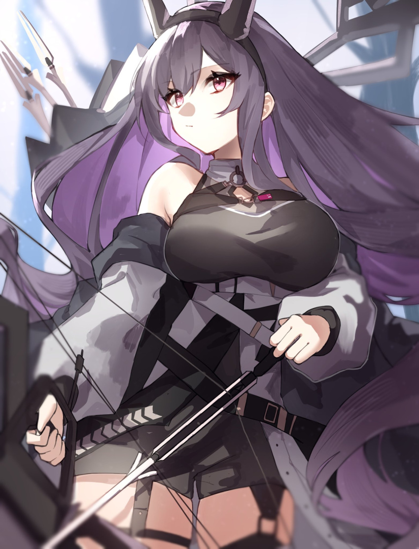 1girl :/ arknights black_hairband black_horns black_shirt black_shorts black_thighhighs bow_(weapon) breasts cleavage_cutout closed_mouth clothing_cutout colored_inner_hair cowboy_shot drawing_bow expressionless fake_horns garter_straps goma_74umai hairband highres holding holding_bow_(weapon) holding_weapon horns huge_breasts jacket legs_apart long_hair looking_at_viewer multicolored_hair off_shoulder open_clothes open_jacket purple_eyes purple_hair shirt shorts sideways_glance single_thighhigh sleeveless sleeveless_shirt solo straight_hair thick_thighs thighhighs thighs typhon_(arknights) weapon white_jacket