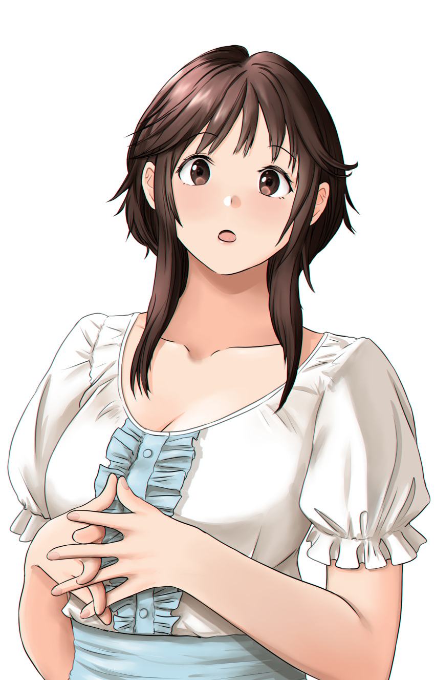 1girl :o absurdres amagami blue_skirt blush breasts brown_eyes brown_hair cleavage collarbone english_commentary hair_behind_ear head_tilt highres interlocked_fingers large_breasts looking_at_viewer medium_hair raffijoe5 sakurai_rihoko shirt shirt_tucked_in skirt solo surprised upper_body white_background white_shirt