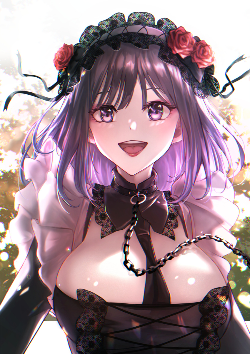 1girl :d between_breasts black_collar black_dress black_necktie black_ribbon bonnet breasts chain chain_leash cleavage collar commentary_request detached_collar dress flower frilled_dress frills gothic_lolita hair_flower hair_ornament highres kuroe_shizuku large_breasts leash lolita_fashion long_sleeves looking_at_viewer medium_hair namekuji_(slug) necktie necktie_between_breasts open_mouth purple_eyes purple_hair red_flower red_rose ribbon rose smile solo sono_bisque_doll_wa_koi_wo_suru upper_body