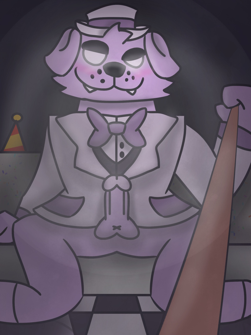 bow_tie canid canine checkered_floor clothing first_person_view five_nights_at_freddy's fur genitals hat headgear headwear hi_res humanoid_genitalia leash leash_pull leashed_pov male mammal party_hat penis purple_body purple_fur scottgames suit uhyeah unknown_artist white_eyes youtuber