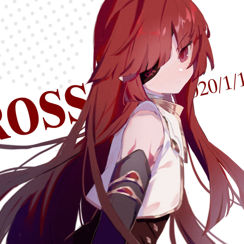 1boy black_gloves character_name dated elbow_gloves elsword expressionless eyepatch film_grain gloves highres long_hair looking_at_viewer male_focus otoko_no_ko pointy_ears red_eyes red_hair rosso_(elsword) simple_background solo text_background upper_body vest white_background white_vest wmikawa