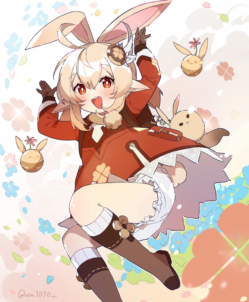 1girl ahoge animal_ears backpack bag bloomers blue_flower blush boots brown_footwear brown_gloves coat dodoco_(genshin_impact) flower genshin_impact gloves hair_ornament highres klee_(genshin_impact) open_mouth petals pointy_ears rabbit_ears rabbit_girl rabbit_tail red_coat red_eyes solo tail twintails twitter_username wai1010
