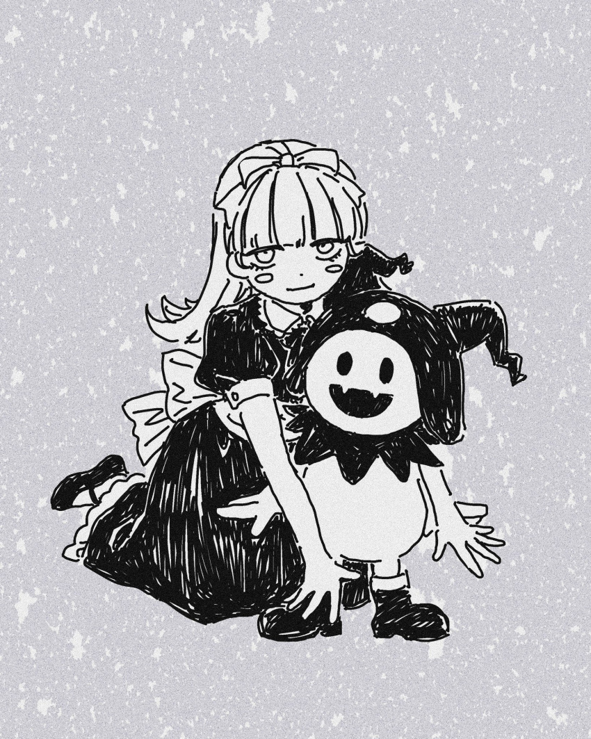 1girl alice_(megami_tensei) blush_stickers dress full_body greyscale hairband highres jack_frost kneeling long_hair looking_at_viewer machihazure mary_janes monochrome shin_megami_tensei shoes sketch smile