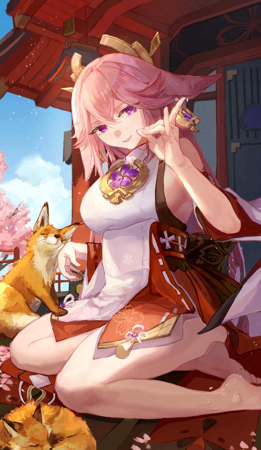 1girl absurdres blue_sky breasts commentary_request day fox fusyo_fuka genshin_impact grin highres large_breasts looking_at_viewer miniskirt nontraditional_miko pink_hair purple_eyes red_skirt shirt sitting skirt sky sleeveless sleeveless_shirt smile solo white_shirt yae_miko yokozuwari