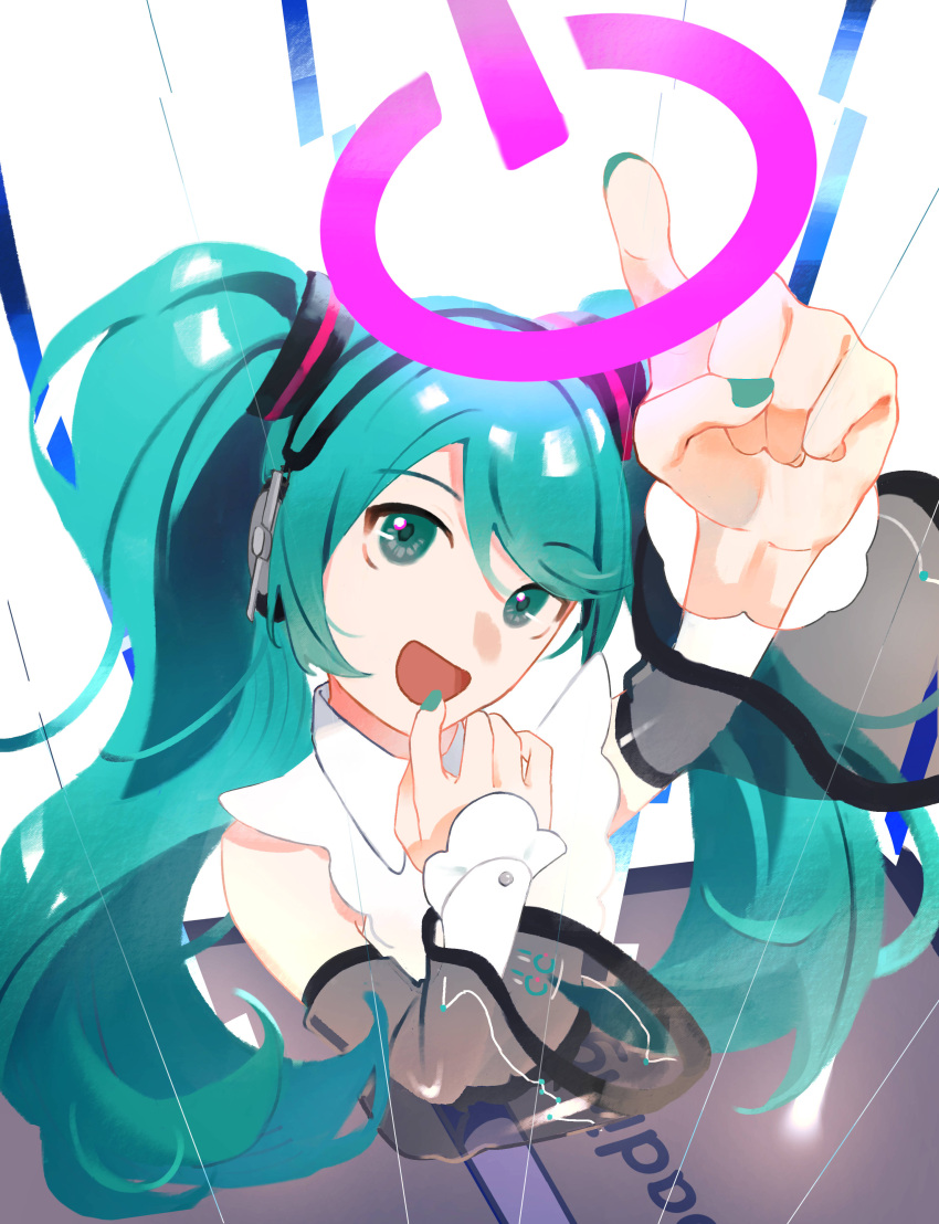 1girl :d absurdres aqua_eyes aqua_hair aqua_nails arm_up black_sleeves detached_sleeves english_commentary finger_to_mouth foreshortening hair_between_eyes hair_ornament hatsune_miku head_tilt headphones highres long_hair looking_at_viewer open_mouth perspective pointing pointing_up power_symbol s_u_d see-through see-through_sleeves shirt sleeveless sleeveless_shirt smile solo standing twintails upper_body vocaloid white_background white_shirt