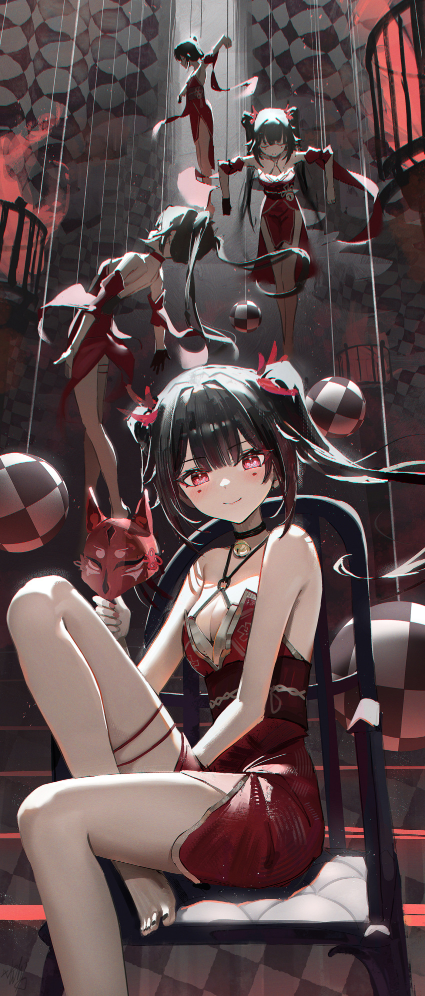 4girls absurdres bell black_choker black_hair blush breasts butterfly-shaped_pupils choker cleavage closed_mouth commentary_request dress fingernails fox_mask hidulume highres holding holding_mask honkai:_star_rail honkai_(series) knee_up long_hair looking_at_viewer marionette mask medium_breasts mole mole_under_each_eye mole_under_eye multiple_girls multiple_moles nail_polish neck_bell on_chair puppet red_dress red_eyes smile sparkle_(honkai:_star_rail) thigh_strap twintails