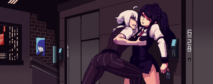 2girls against_wall ahoge assertive bangs black_hair boxman breast_grab clothed_sex crotch_rub cyberpunk dana_zane elevator femdom grabbing julianne_stingray kneeing long_hair multiple_girls official_style one_eye_closed pants pencil_skirt pinstripe_pattern pixel_art short_hair skirt striped swept_bangs twintails uniform va-11_hall-a white_hair work_in_progress yuri