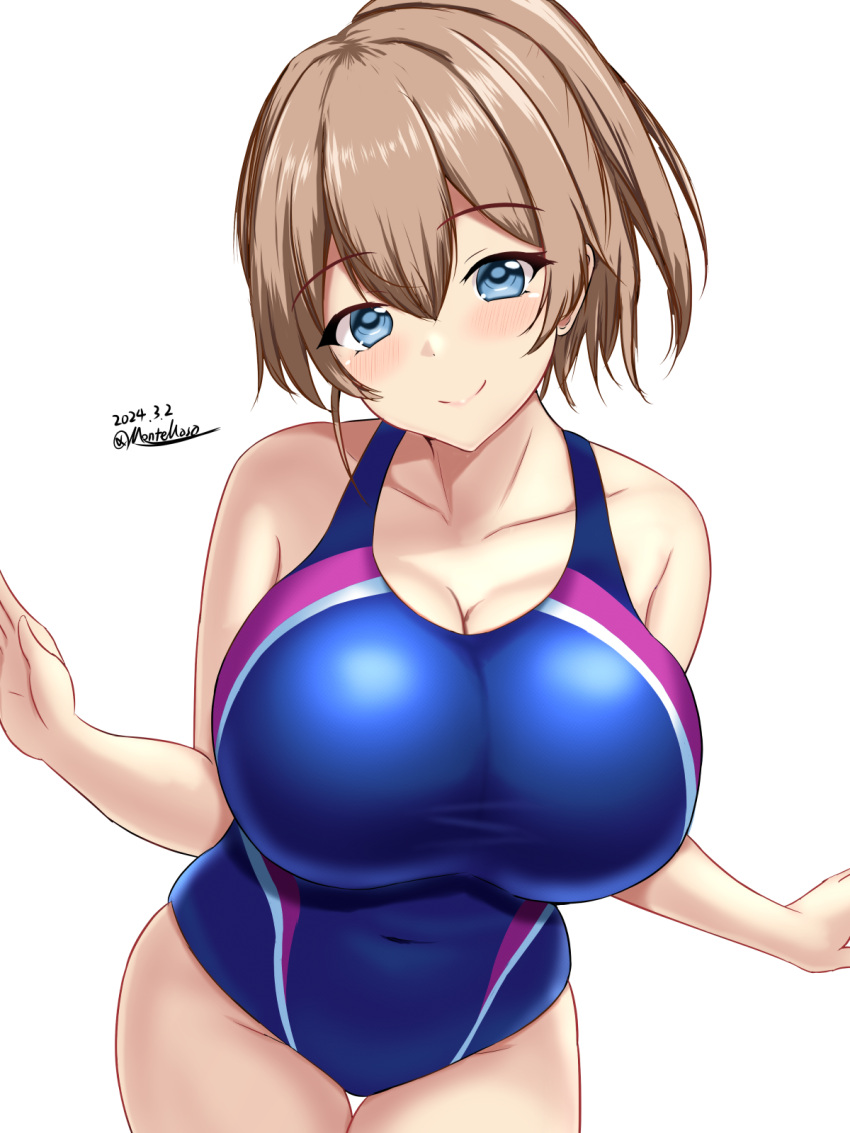 1girl blue_eyes blue_one-piece_swimsuit blush breasts brown_hair competition_swimsuit covered_navel cowboy_shot dated hair_between_eyes highres intrepid_(kancolle) kantai_collection large_breasts looking_at_viewer montemasa one-piece_swimsuit ponytail short_hair simple_background smile solo swimsuit twitter_username two-tone_swimsuit white_background