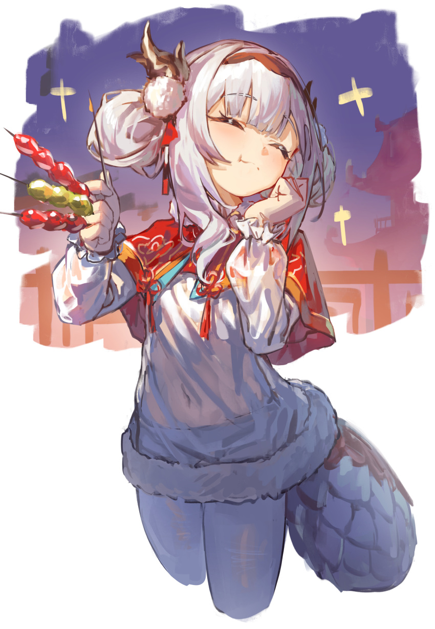 1girl absurdres alternate_costume alternate_hairstyle azur_lane chinese_clothes clenched_hands closed_eyes closed_mouth commentary_request dango double_bun dragon_girl dragon_tail eating food grey_hair hair_bun highres lung_wu_(azur_lane) medium_hair night pantyhose simple_background smile solo tail wagashi white_background yu_hydra