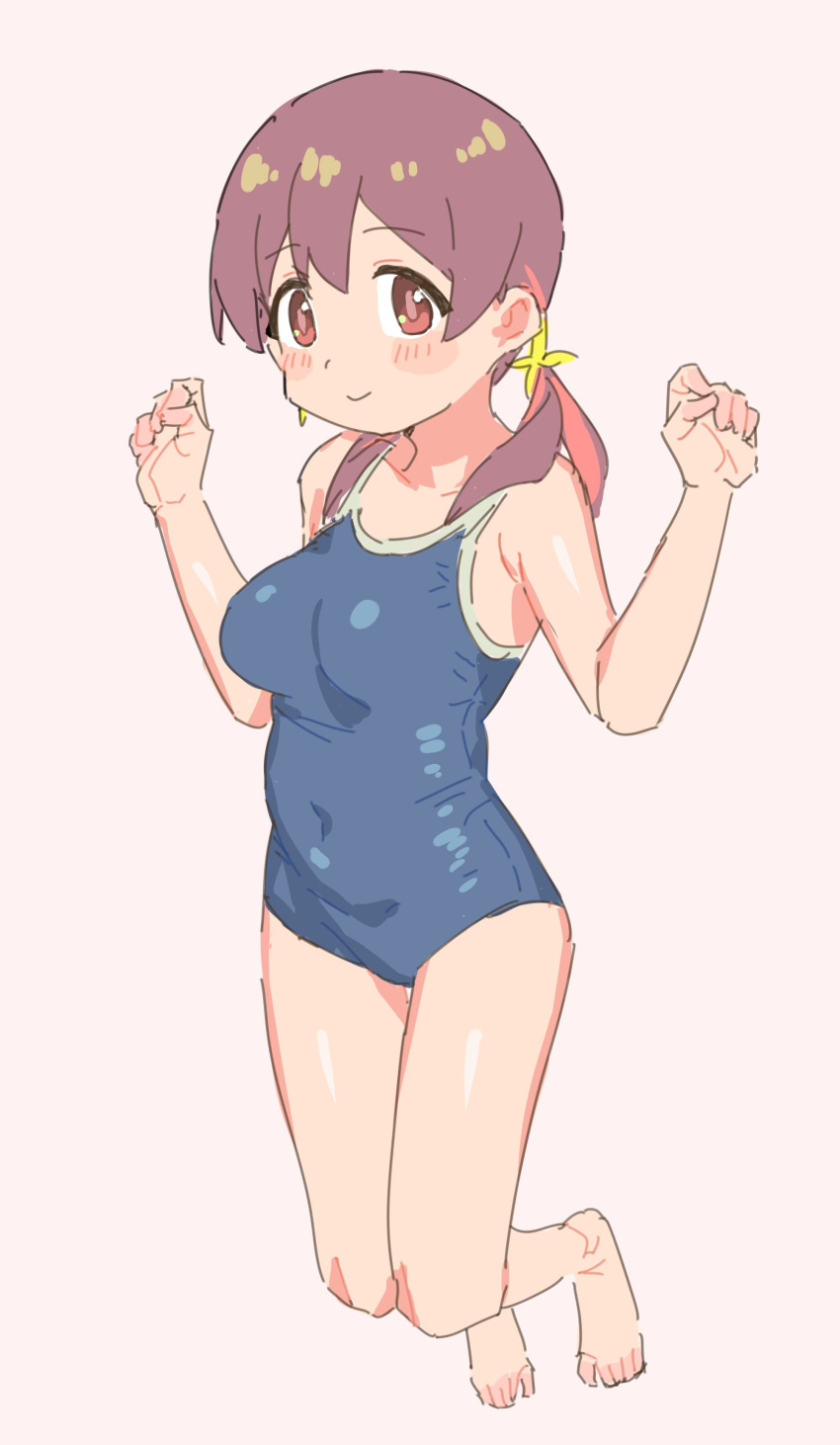 1girl absurdres blush_stickers breasts brown_hair covered_navel full_body highres karubi_(karubi465558) large_breasts looking_at_viewer low_twintails murosaki_miyo one-piece_swimsuit onii-chan_wa_oshimai! red_eyes school_swimsuit simple_background smile solo swimsuit twintails