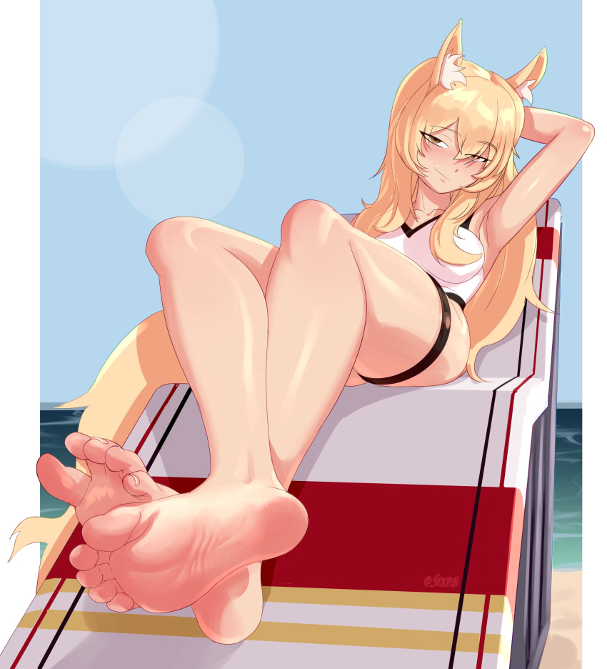 1girl absurdres animal_ear_fluff animal_ears arm_up armpits artist_name barefoot beach beach_chair blonde_hair blue_sky breasts brown_eyes character_request closed_mouth collarbone copyright_request crossed_ankles day feet foot_focus foreshortening full_body hair_between_eyes highres large_breasts legs long_hair looking_at_viewer ocean outdoors shadow sidelocks sky smug soles solo staerk tail thigh_strap thighs toes twitter_username