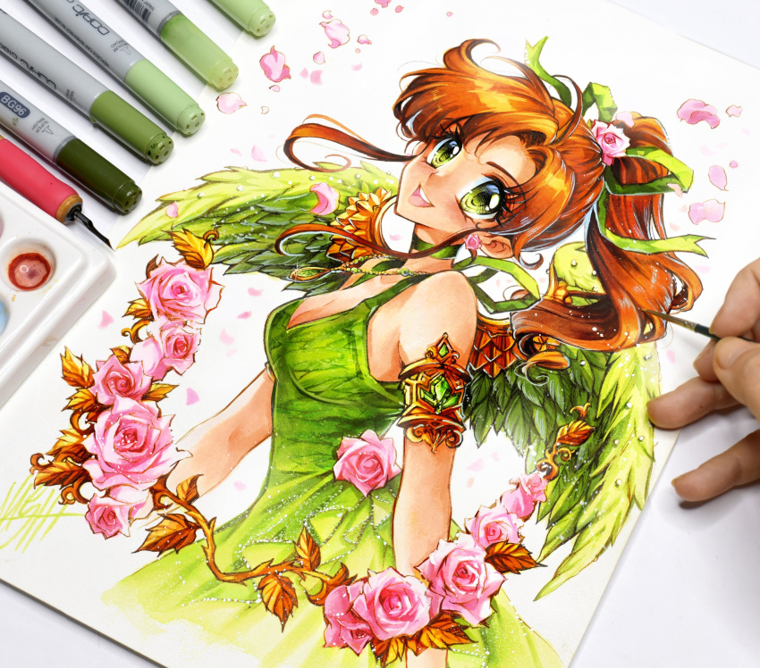 1girl angel armlet bishoujo_senshi_sailor_moon bow breasts brown_hair choker cleavage dress earrings facial_mark flower flower_earrings forehead_mark gem gold green_dress green_eyes green_gemstone hair_bobbles hair_ornament highres jewelry jupiter_symbol kino_makoto long_hair nashi_juni painting_(medium) ponytail rose smile solo traditional_media watercolor_(medium) wings