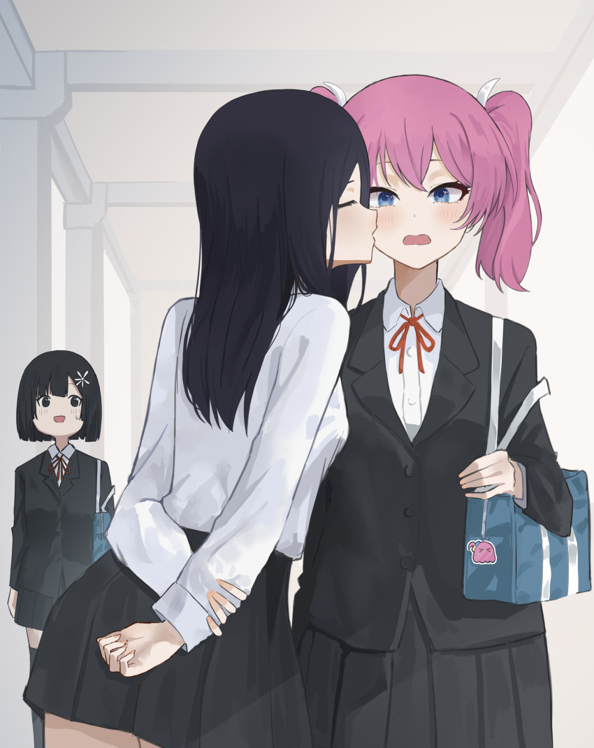 3girls absurdres arms_behind_back bag black_hair black_jacket black_skirt black_thighhighs blue_eyes blush closed_eyes collared_shirt commentary english_commentary flower hair_flower hair_ornament hallway highres indoors jacket kiss kissing_cheek long_hair medium_hair multiple_girls neck_ribbon open_mouth original pink_hair pleated_skirt red_ribbon ribbon school_bag school_uniform shirt shoulder_bag skirt sweatdrop thighhighs twintails ulette white_flower white_shirt yuri