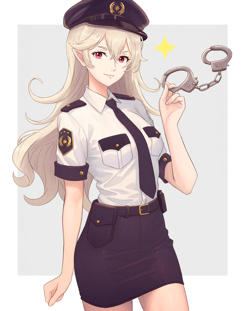 1girl absurdres alternate_costume belt belt_buckle black_belt black_headwear black_necktie black_skirt buckle closed_mouth collared_shirt commentary corrin_(female)_(fire_emblem) corrin_(fire_emblem) cuffs english_commentary fire_emblem fire_emblem_fates grey_hair hair_between_eyes handcuffs hat highres holding holding_handcuffs long_hair looking_at_viewer necktie pocket pointy_ears police police_hat police_uniform policewoman red_eyes shirt short_sleeves simple_background skirt smile solo truejekart uniform white_shirt