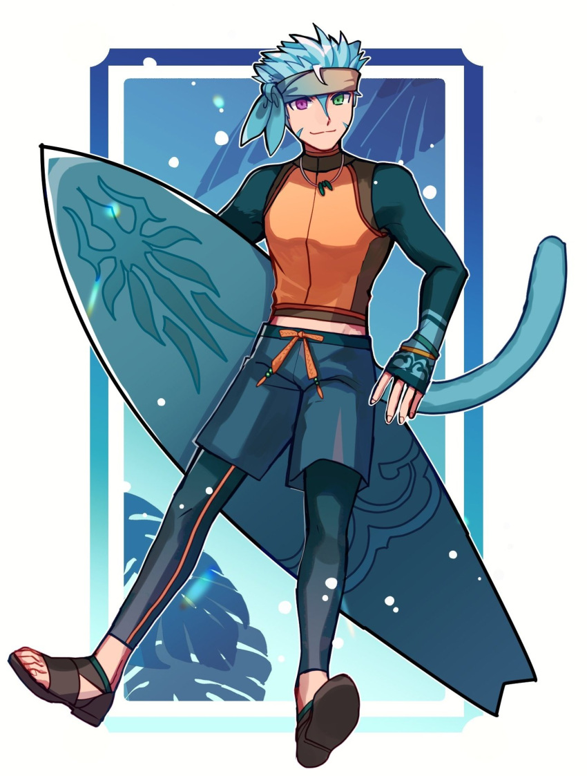 alternate_costume animal_ears blue_tail cat_boy cat_ears facial_mark fire_emblem fire_emblem:_path_of_radiance fire_emblem:_radiant_dawn green_headband headband heterochromia highres kurimori ranulf_(fire_emblem) surfboard whisker_markings