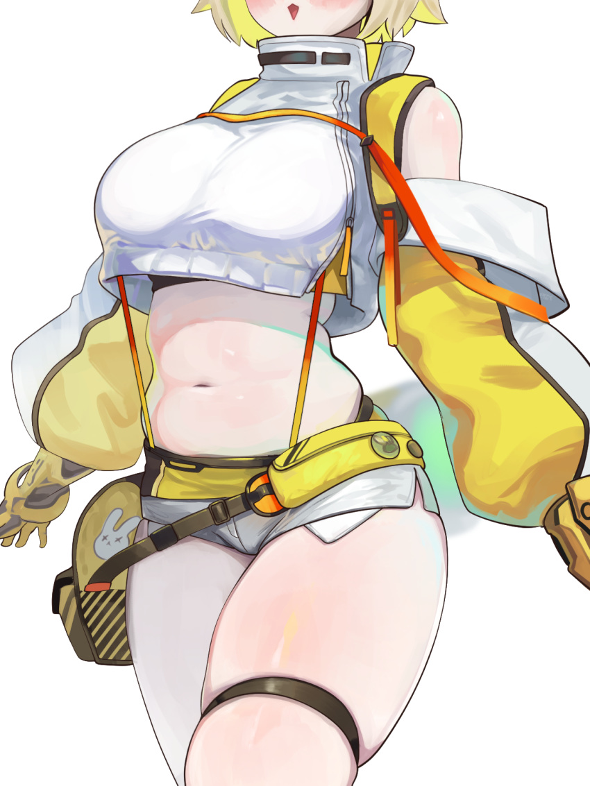 1girl blonde_hair breasts commentary crop_top crop_top_overhang dalcom elegg_(nikke) gloves goddess_of_victory:_nikke grey_shorts head_out_of_frame highres large_breasts long_sleeves micro_shorts midriff multicolored_hair navel open_mouth plump short_hair shorts simple_background skindentation solo stomach suspender_shorts suspenders thick_thighs thigh_strap thighs two-tone_hair white_background