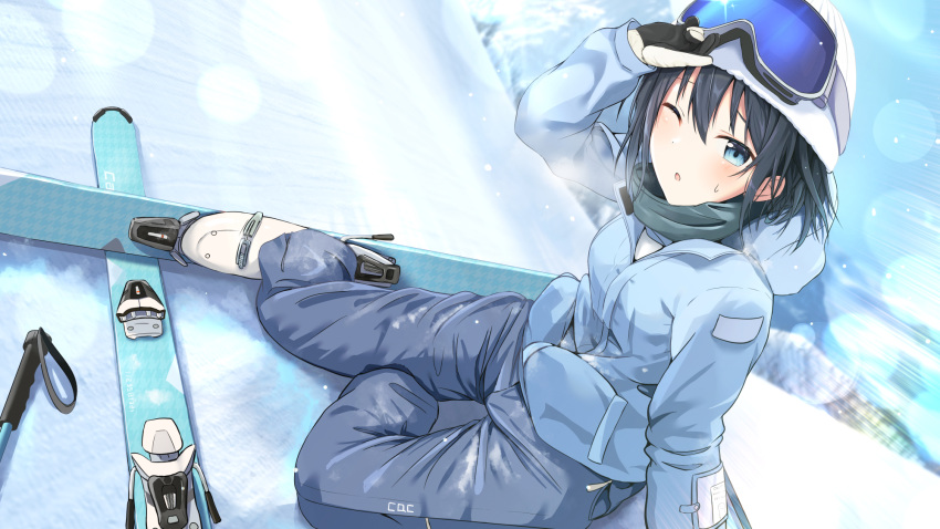 1girl ;o arm_up beanie black_gloves black_hair blue_eyes blue_jacket blue_pants blue_sky blush cac_itinose commentary_request day gloves goggles goggles_on_headwear grey_scarf hair_between_eyes hat highres hood hood_down hooded_jacket jacket long_sleeves one_eye_closed original outdoors pants parted_lips puffy_long_sleeves puffy_sleeves scarf shirt shoes sitting ski_gear ski_pole skiing skis sky snow solo sweat white_footwear white_gloves white_headwear white_shirt