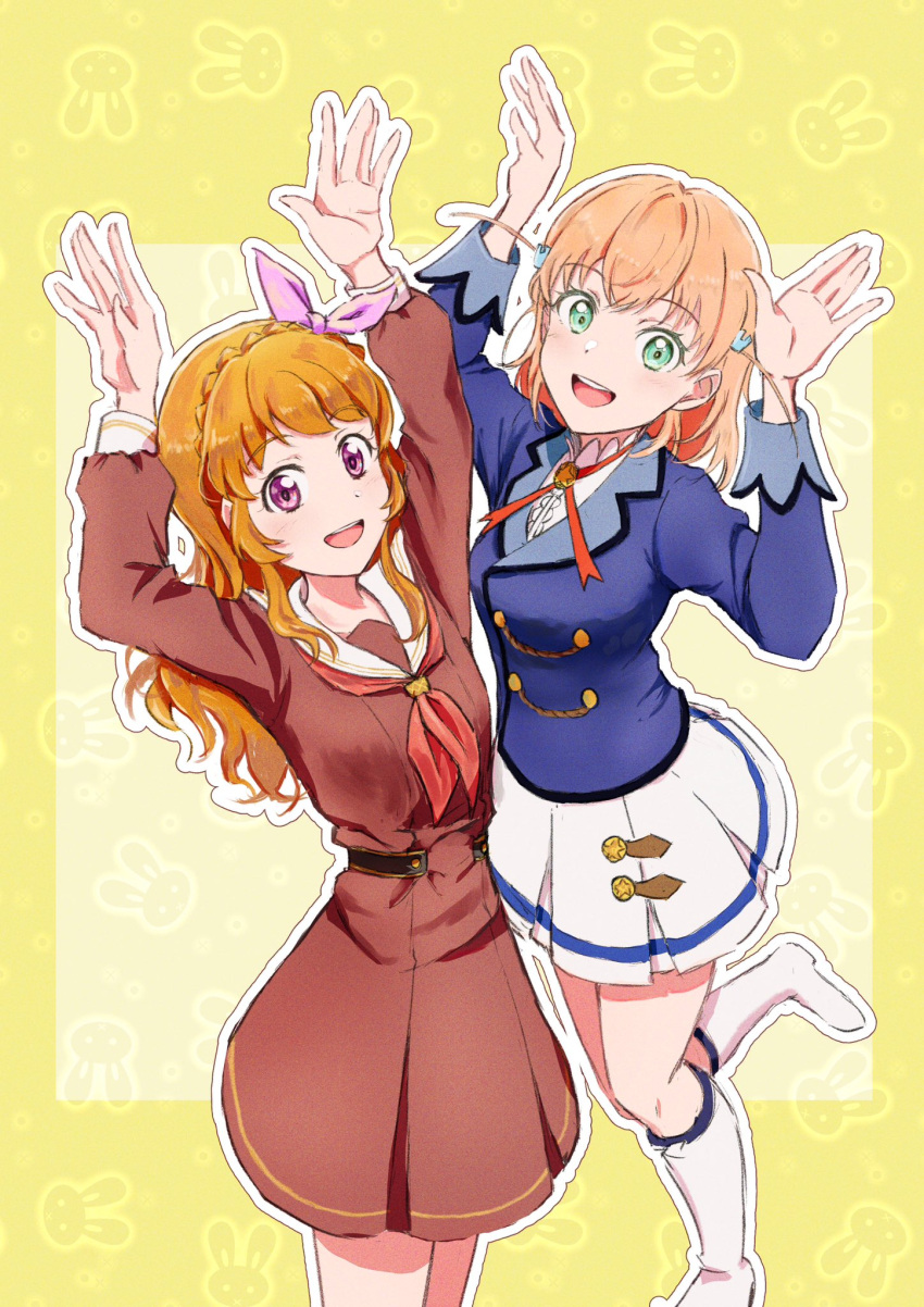 2girls :d aikatsu! aikatsu!_(series) ankle_boots arms_up blue_jacket boots bow breasts brown_dress buttons commentary cosplay costume_switch crossover double-breasted dress frilled_shirt_collar frills green_eyes hair_bow hair_ornament hair_ribbon hasu_no_sora_school_uniform highres hinoshita_kaho jacket jungle_zzz link!_like!_love_live! long_hair long_sleeves looking_at_viewer love_live! medium_breasts medium_hair miniskirt multiple_girls neck_ribbon neckerchief open_mouth orange_hair ozora_akari pink_bow pleated_dress pleated_skirt rabbit_background rabbit_hair_ornament rabbit_pose red_eyes red_neckerchief red_ribbon ribbon sailor_collar sailor_dress school_uniform shirt sidelocks single_horizontal_stripe skirt smile starlight_academy_school_uniform white_footwear white_sailor_collar white_shirt white_skirt winter_uniform