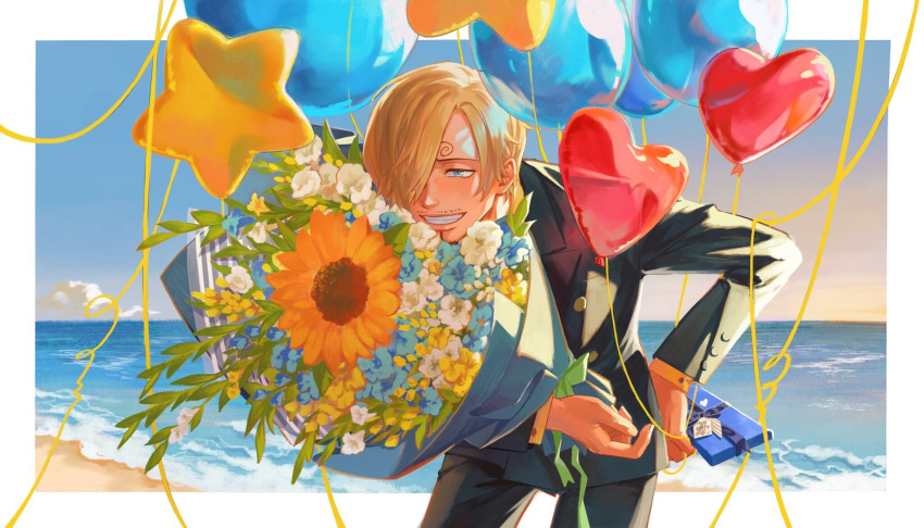 1boy arm_behind_back balloon bent_over black_suit blonde_hair blue_eyes blue_flower bouquet candy chocolate chocolate_bar curly_eyebrows facial_hair flower food goatee green_ribbon heart_balloon highres holding holding_balloon holding_bouquet jennyandloiryan mustache ocean one_piece outdoors ribbon sanji_(one_piece) short_hair smile suit sunset white_flower yellow_flower