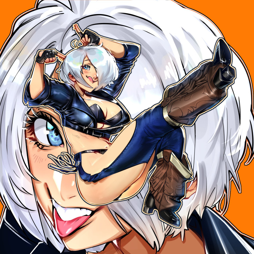 1girl :q angel_(kof) blue_eyes boots breasts cleavage commentary cowboy_boots crop_top cropped_jacket english_commentary fingerless_gloves gloves hair_over_one_eye highres horns_pose jacket large_breasts leather leather_jacket redgray21st solo the_king_of_fighters the_king_of_fighters_xiv tongue tongue_out white_hair