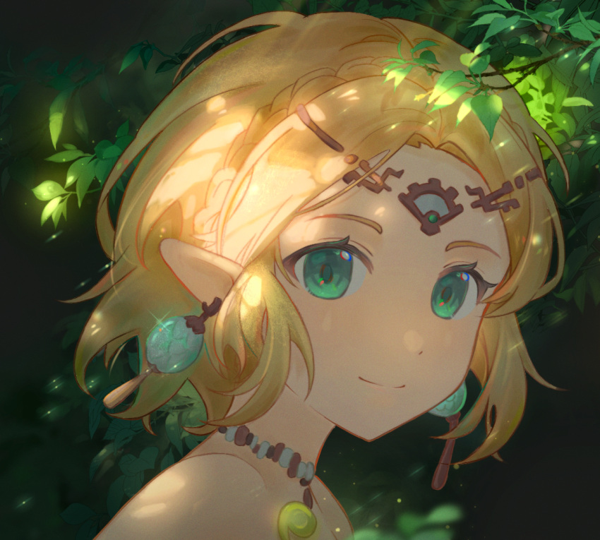 1girl blonde_hair blurry braid branch chromatic_aberration circlet closed_mouth crown_braid dangle_earrings dappled_sunlight depth_of_field dhsauce dot_nose earrings green_eyes jewelry leaf looking_at_viewer magatama magatama_necklace necklace outdoors parted_bangs pointy_ears portrait princess_zelda shade short_hair smile solo sunlight the_legend_of_zelda the_legend_of_zelda:_tears_of_the_kingdom