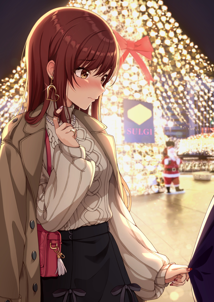 1girl absurdres blush closed_mouth coat coat_on_shoulders earrings embarrassed hair_twirling hand_up highres idolmaster idolmaster_shiny_colors jewelry long_hair long_sleeves nail_polish necklace night osaki_amana pinching_sleeves playing_with_hair playing_with_own_hair producer_(idolmaster) red_hair ribbed_sweater ring sleeves_past_wrists solo_focus sorugi_park straight_hair sweater swept_bangs white_coat yellow_eyes