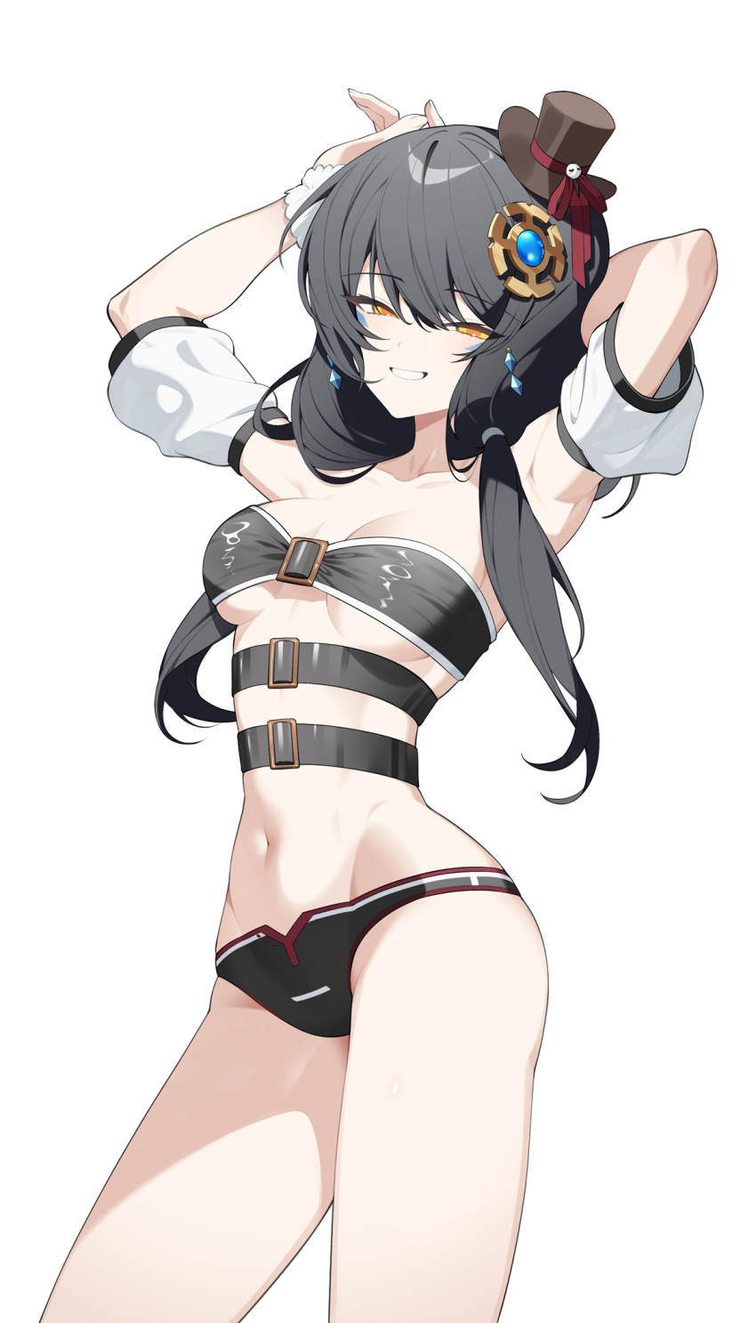 1girl armpits arms_behind_head arms_up artist_request bare_shoulders belt belt_bra bikini bikini_bottom_only black_bikini black_hair breasts collarbone commission contrapposto cowboy_shot detached_sleeves elsword eve_(2nas)_(elsword) eve_(elsword) facial_mark grin hair_ornament hair_over_shoulder half-closed_eyes hat highres long_hair looking_at_viewer low_twintails mini_hat mini_top_hat multiple_belts navel orange_eyes second-party_source simple_background small_breasts smile solo standing stomach swimsuit thighs top_hat twintails white_background