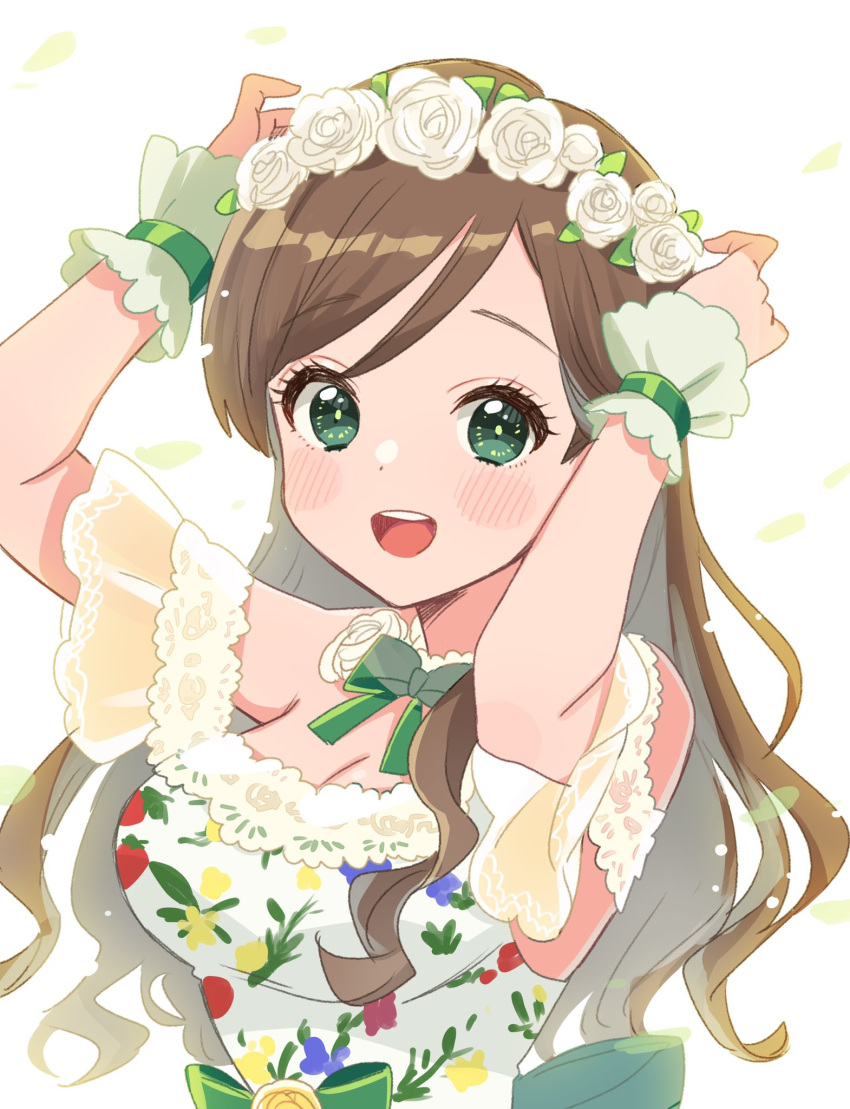 1girl arms_up bare_shoulders blurry bow breasts brown_hair choker cleavage depth_of_field dot_nose dress dress_bow etou_misaki_(idolmaster) falling_petals floral_print_dress flower flower_wreath green_bow green_eyes green_ribbon highres idolmaster idolmaster_cinderella_girls idolmaster_cinderella_girls_starlight_stage long_hair looking_at_viewer medium_breasts neck_ribbon off-shoulder_dress off_shoulder open_mouth petals ribbon short_sleeves simple_background smile solo sukoyaka_(100hituzi) teeth upper_body upper_teeth_only white_background white_choker white_dress white_flower wrist_guards