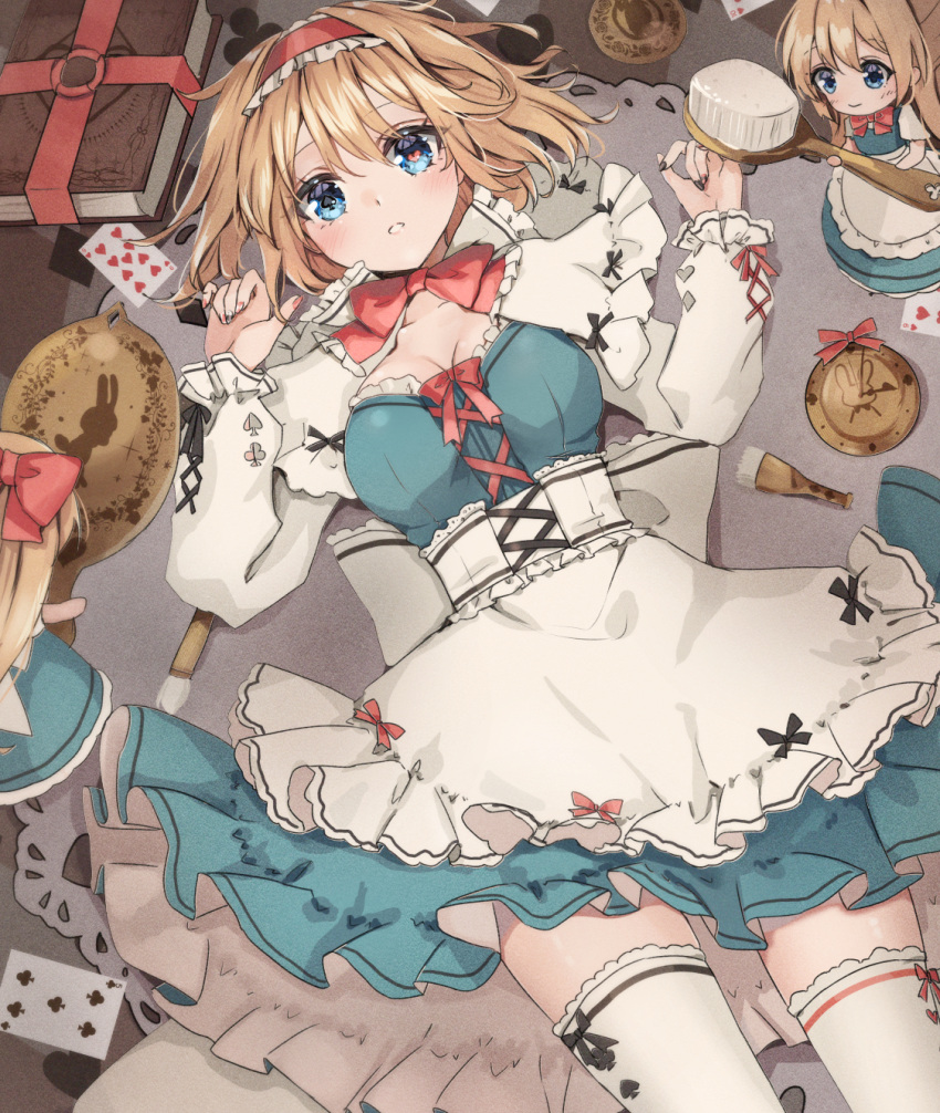 2girls alice_margatroid apron blonde_hair blue_dress book breasts card cleavage commentary_request dress hairband highres lolita_hairband multiple_girls playing_card red_hairband shanghai_doll shironeko_yuuki short_hair thighhighs touhou waist_apron white_apron white_thighhighs