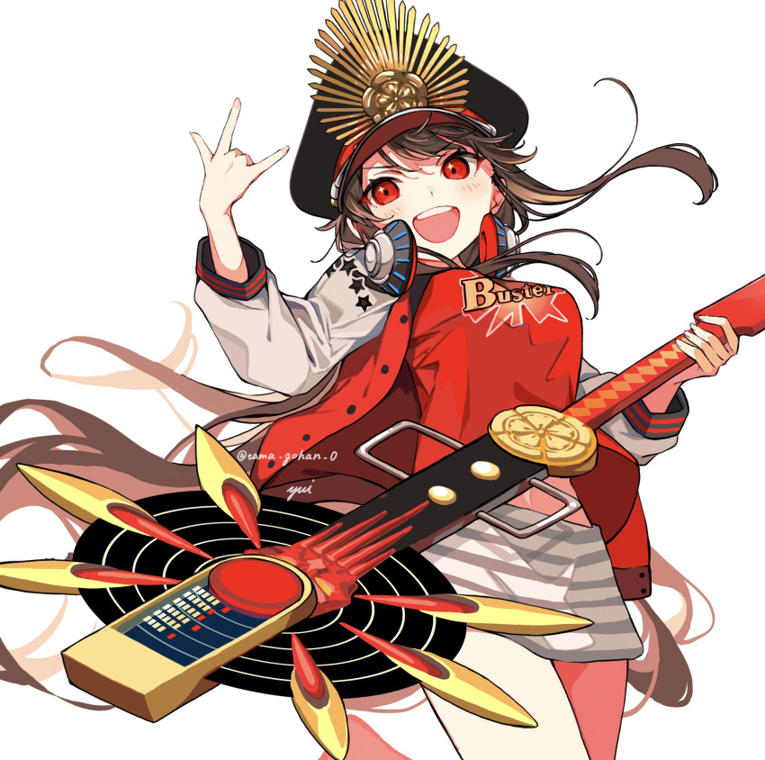 1girl \m/ artist_name black_hair buster_shirt family_crest fate/grand_order fate_(series) guitar hat headphones headphones_around_neck highres holding holding_instrument instrument jacket koha-ace leg_up letterman_jacket long_hair military_hat oda_nobunaga_(fate) oda_nobunaga_(swimsuit_berserker)_(fate) oda_nobunaga_(swimsuit_berserker)_(first_ascension)_(fate) oda_uri peaked_cap red_eyes simple_background skirt solo sparkling_eyes striped_clothes striped_skirt twitter_username white_background yui_(tamagohan)