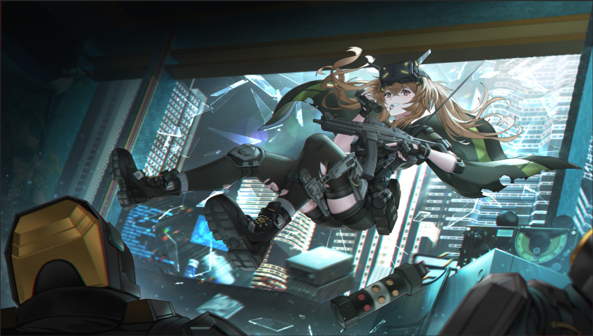 1girl 2others black_cape black_footwear black_gloves black_shorts black_thighhighs boots broken_glass broken_window brown_eyes brown_hair cape carabiner cityscape clenched_teeth commission explosive fingerless_gloves flashbang full_body girls'_frontline girls'_frontline_2:_exilium glass gloves grenade grenade_pin_in_mouth gun highres holding holding_grenade holding_gun holding_weapon knee_pads lan_liyu_renzi looking_at_viewer multiple_others parted_lips rope second-party_source shorts single_knee_pad teeth thighhighs torn_clothes torn_thighhighs trigger_discipline twintails ump9_(girls'_frontline) weapon